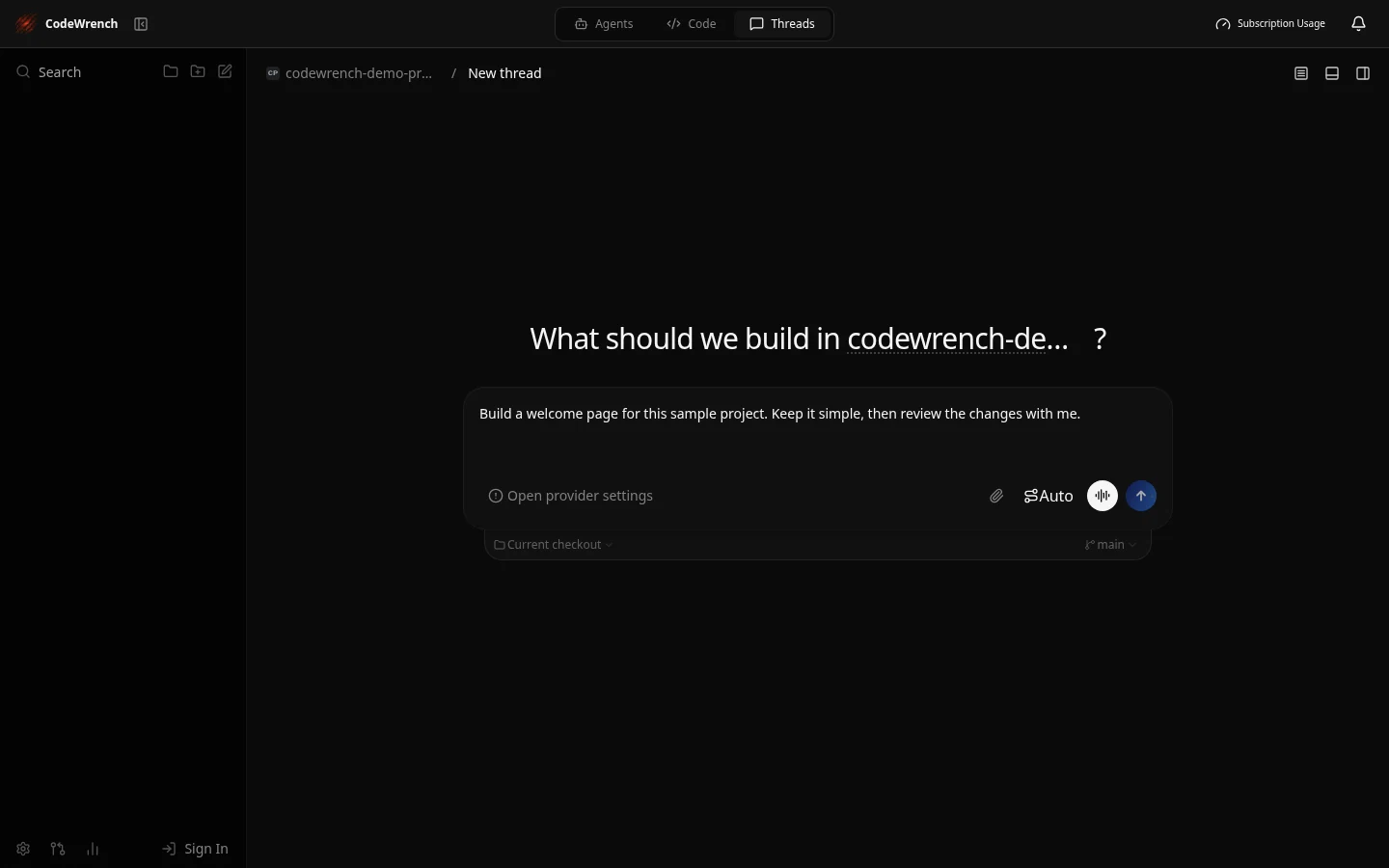 Actual CodeWrench task composer in a fictional sample workspace