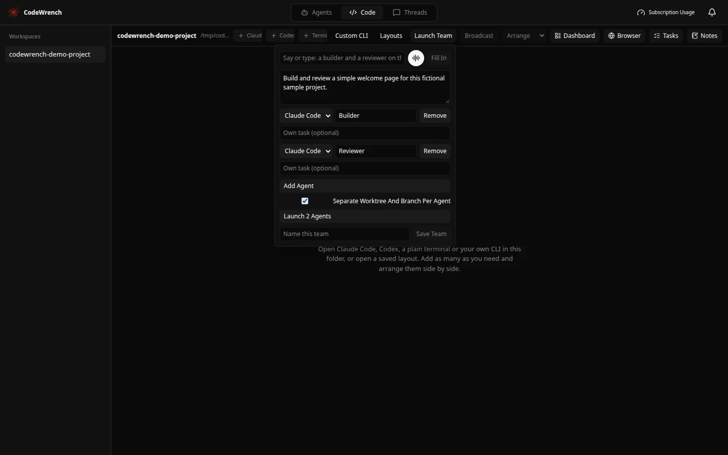 Actual CodeWrench Launch Team form with builder and reviewer roles and separate worktree and branch enabled