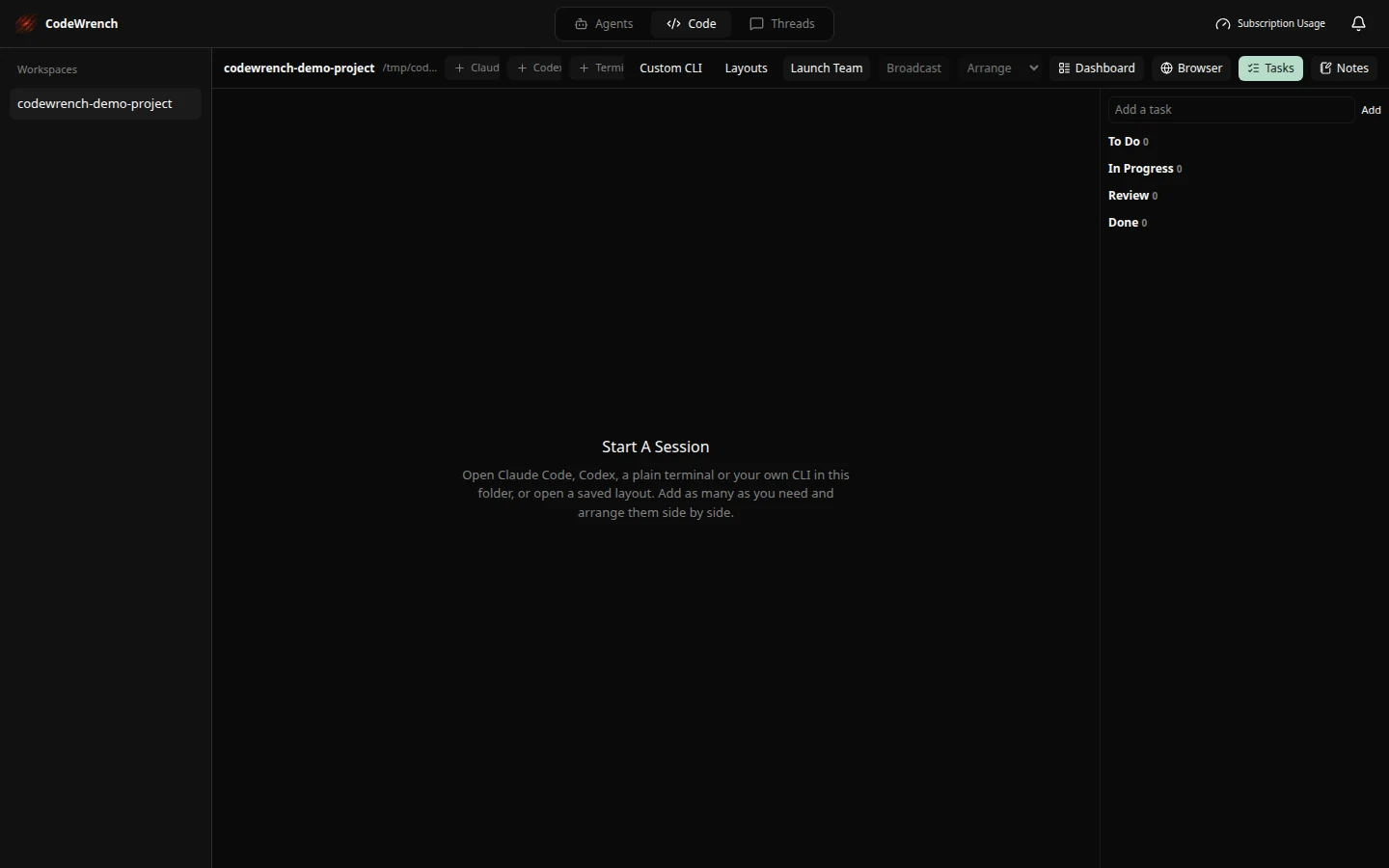 Actual CodeWrench workspace tasks in a fictional sample workspace
