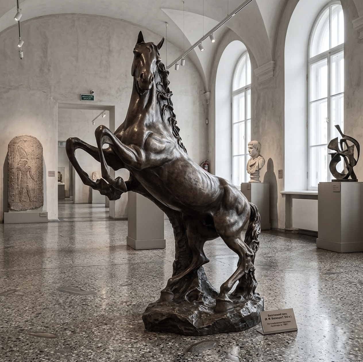 A rearing bronze horse in the sculpture hall