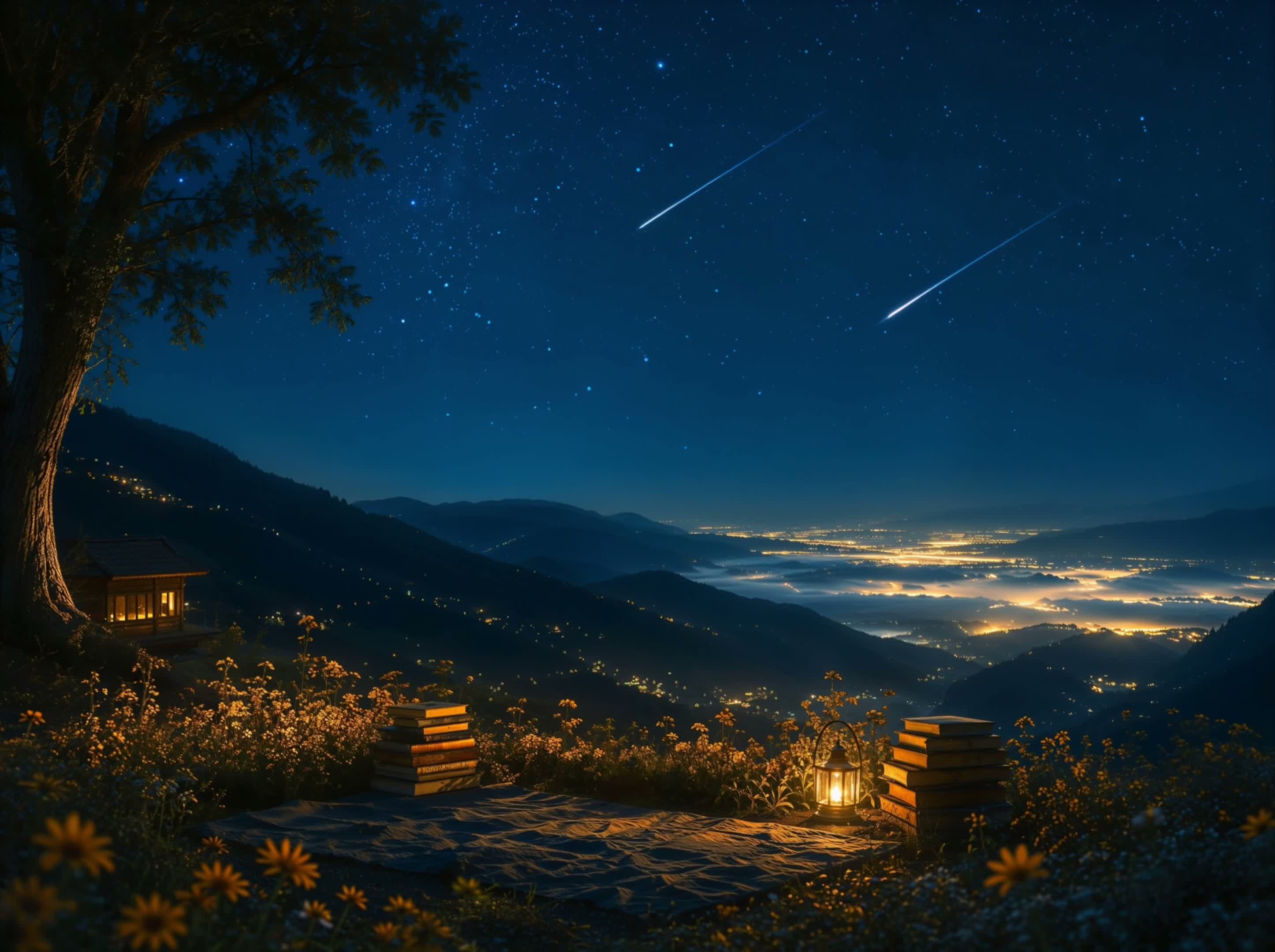 The ridge at night — lantern, valley lights, a sky full of stars