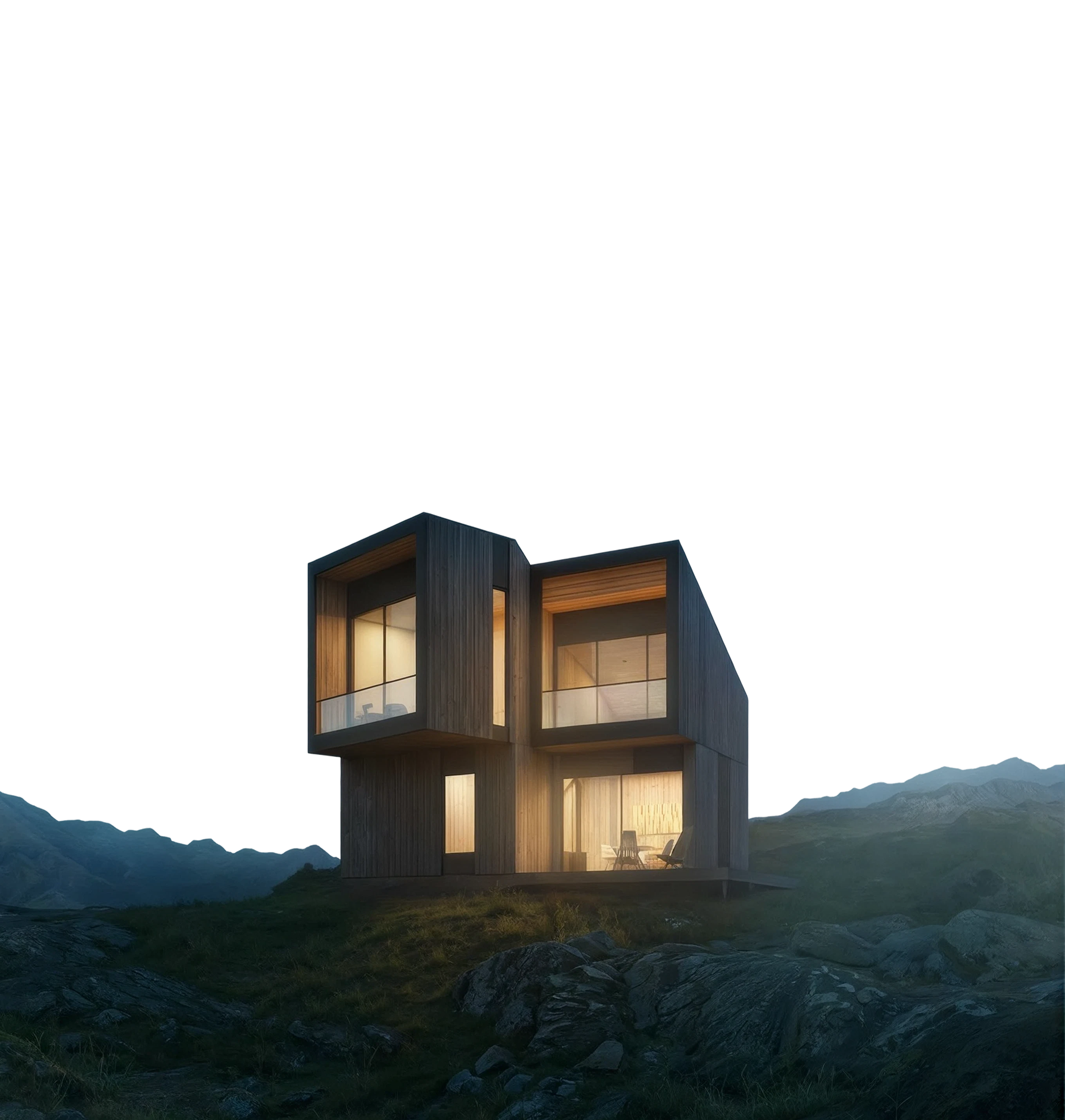 The Northpine house on a mountain slope at dusk