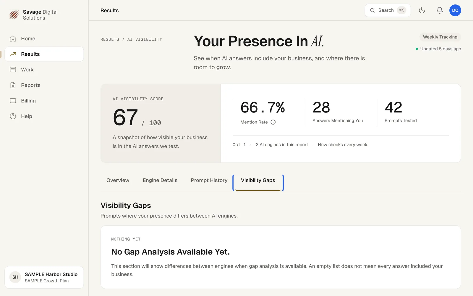 The AI Visibility page with the Visibility Gaps tab highlighted and its explanation shown