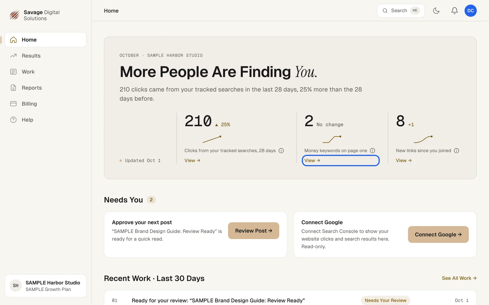 The portal Home page highlights with Money keywords on page one and its View link highlighted