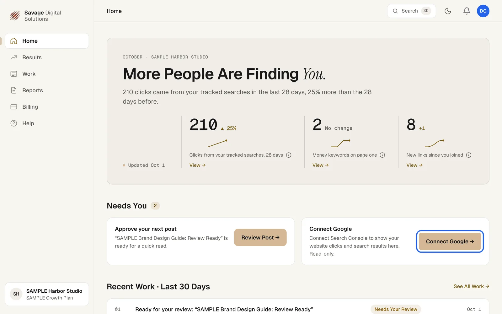 The Needs You section of the portal Home page with the Connect Google button highlighted