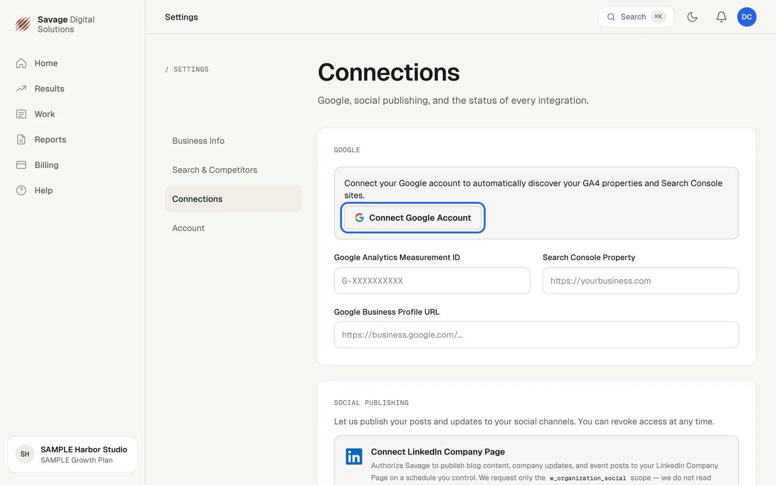 The Connections tab in Settings with the Connect Google Account button highlighted