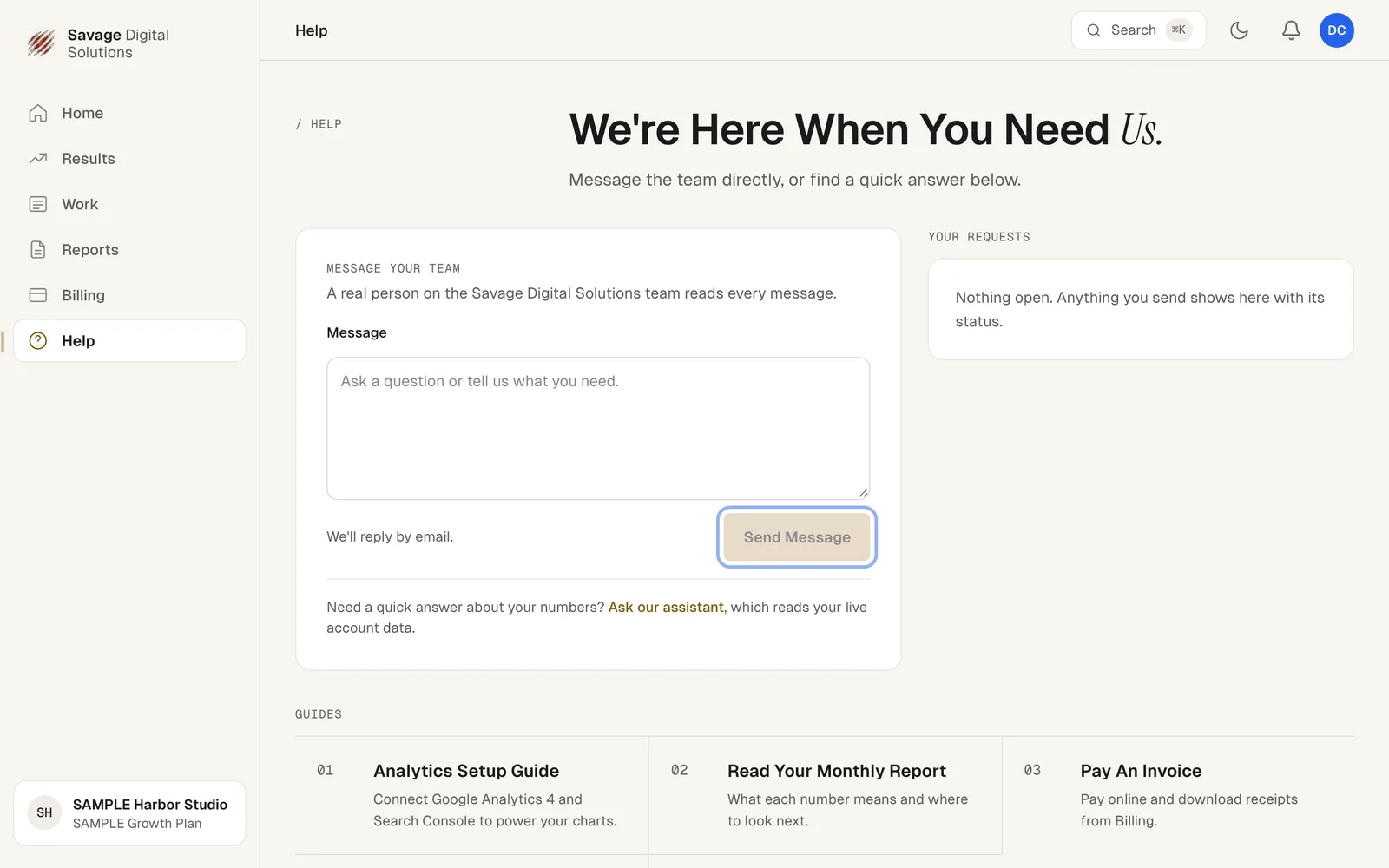The Help page in the Savage Digital Solutions portal with the message box and the Send Message button highlighted