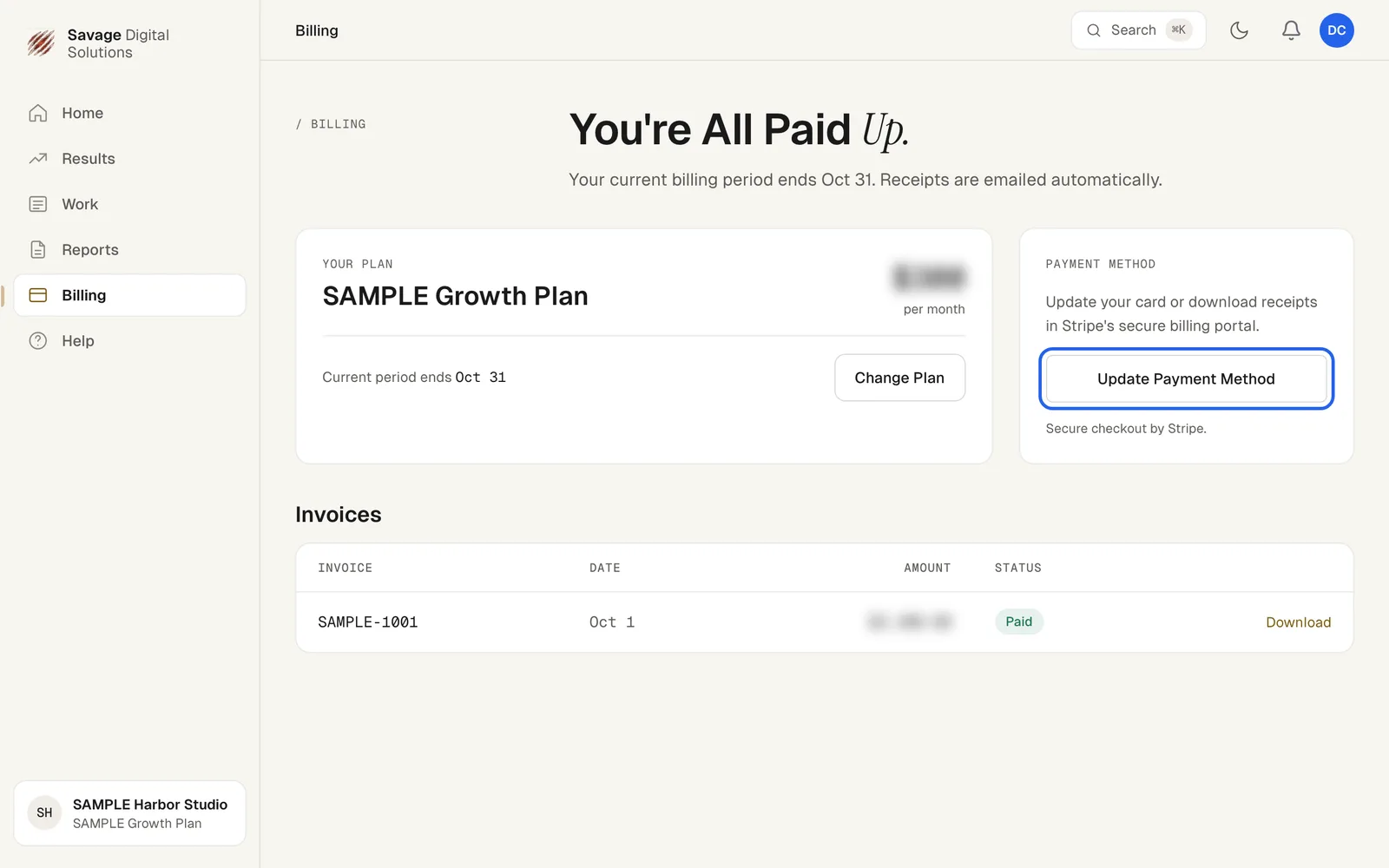 The Billing page showing the plan details, payment method section with Update Payment Method button, and the Invoices table with a Paid invoice row