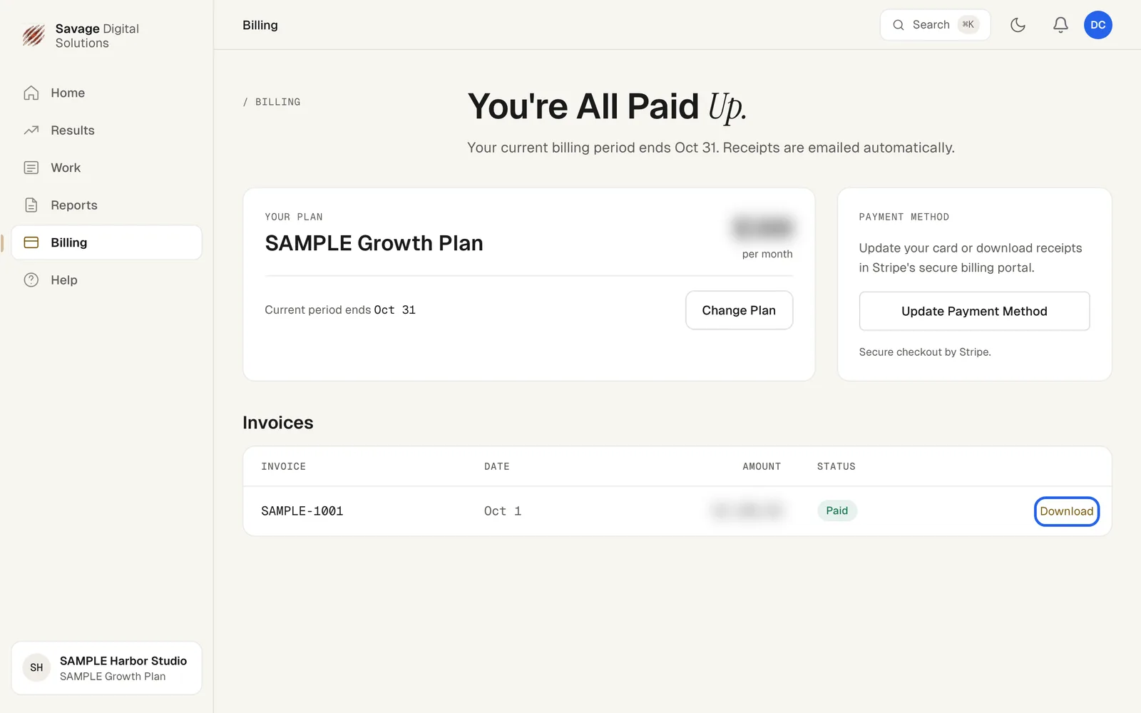 The Invoices table showing columns for Invoice, Date, Amount, Status, and Actions with a Download button highlighted