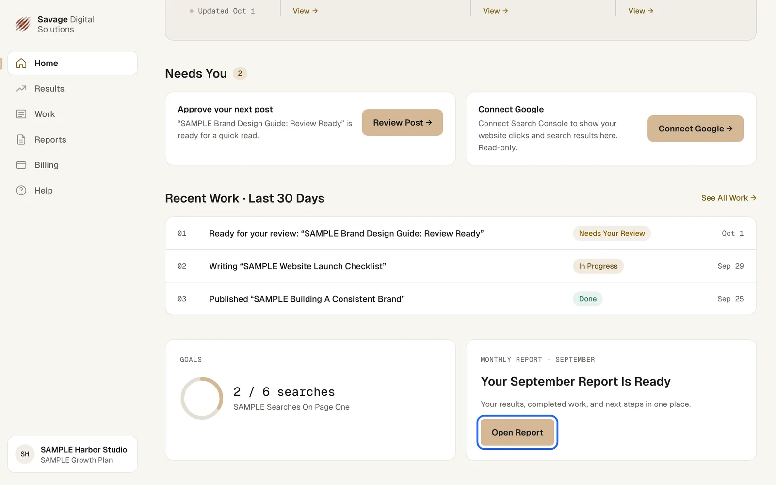 The Savage Digital Solutions portal Home page with the Open Report button highlighted on the monthly report card