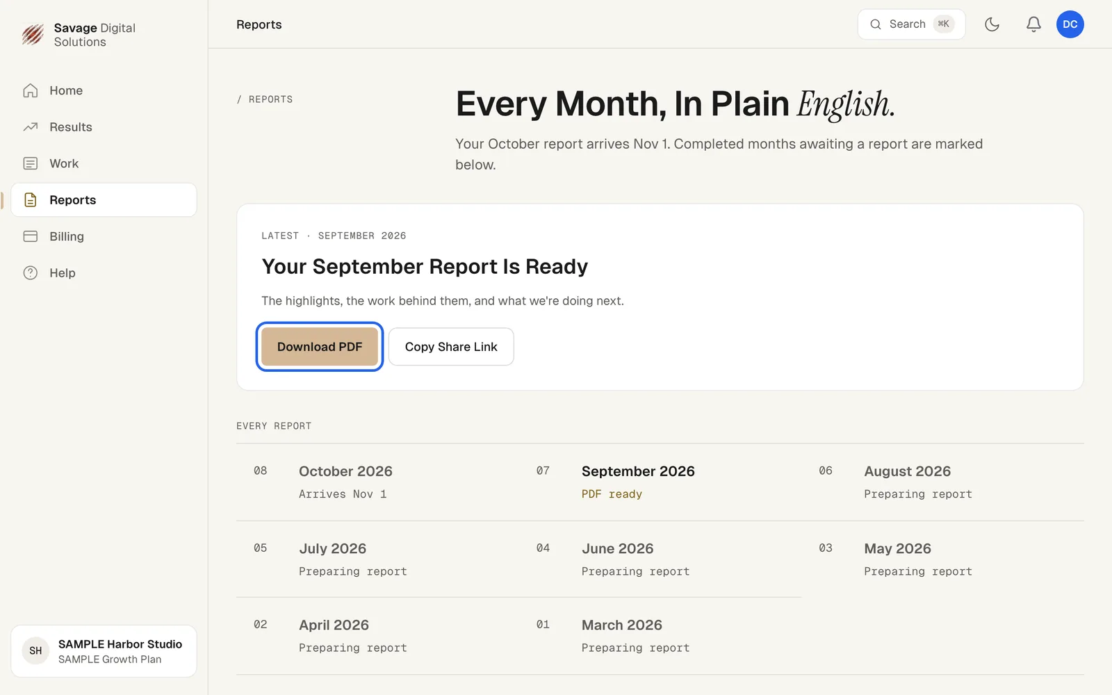 The Reports page showing the latest report with Download PDF highlighted and a list of every monthly report with its status