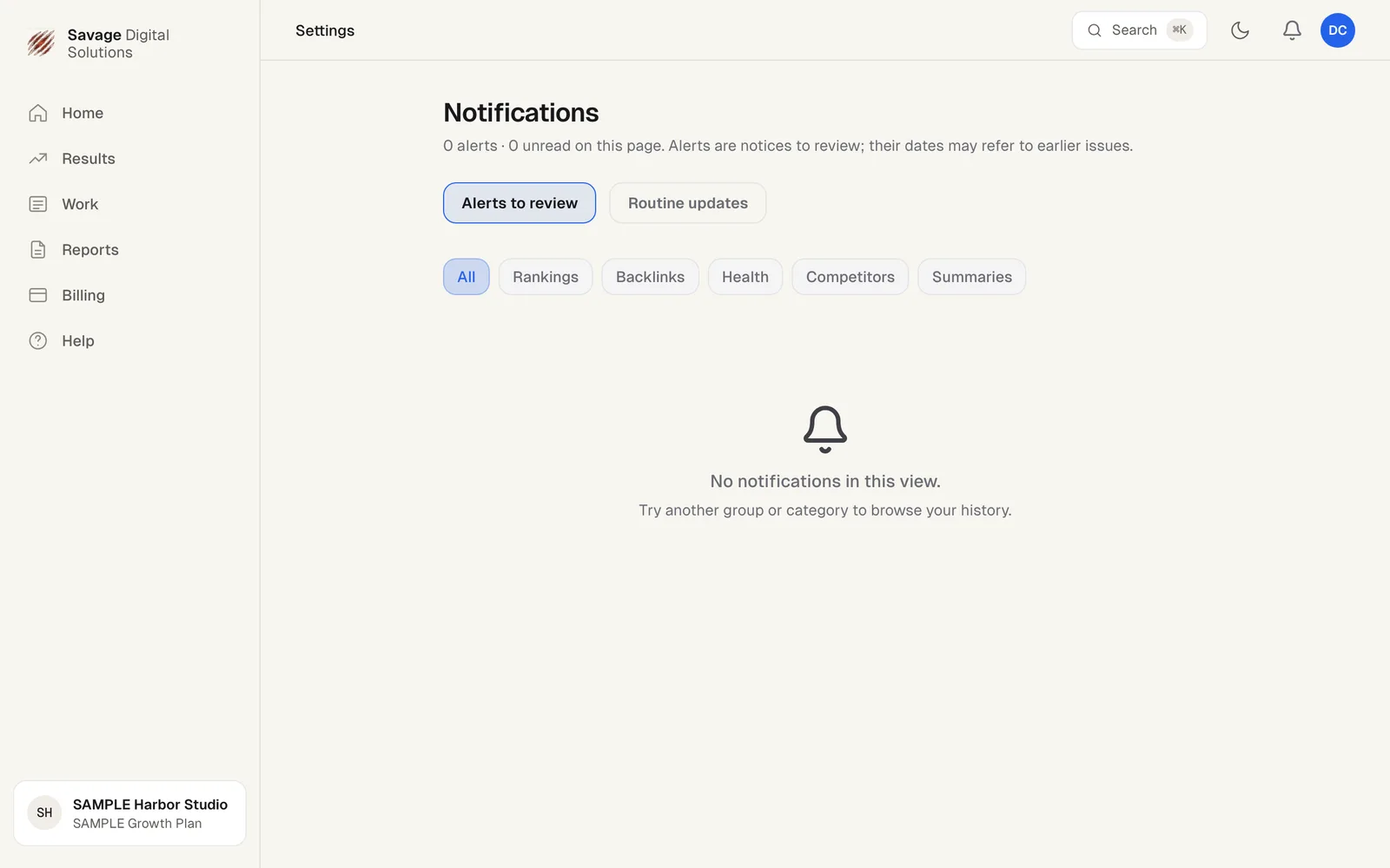 The Notifications page with the Alerts to review and Routine updates groups and category filters
