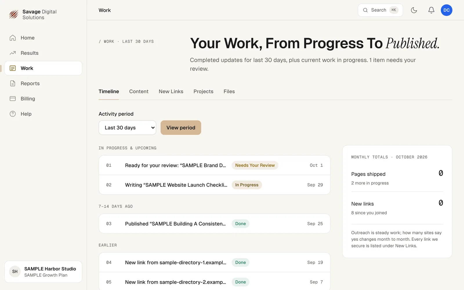The Work page showing the Timeline tab with a list of items including Ready for your review, In Progress and Done statuses