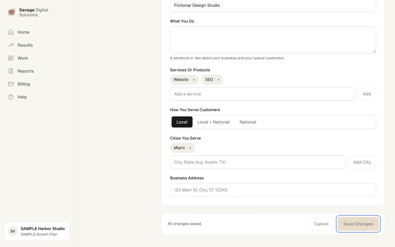 The Business Info tab in Settings showing fields for Business Name, Website, Industry, What You Do, Services Or Products, How You Serve Customers, Cities You Serve, and Business Address with a Save Changes button