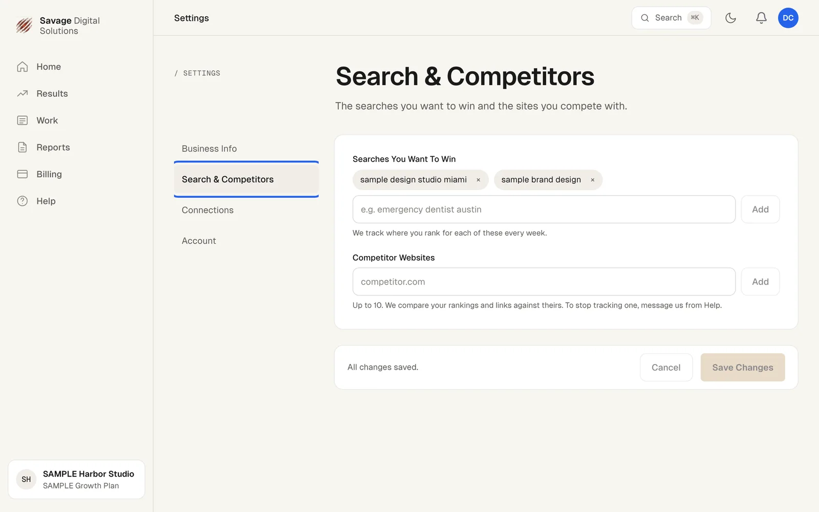 The Search & Competitors tab showing sections for Searches You Want To Win and Competitor Websites with Add buttons and a Save Changes button