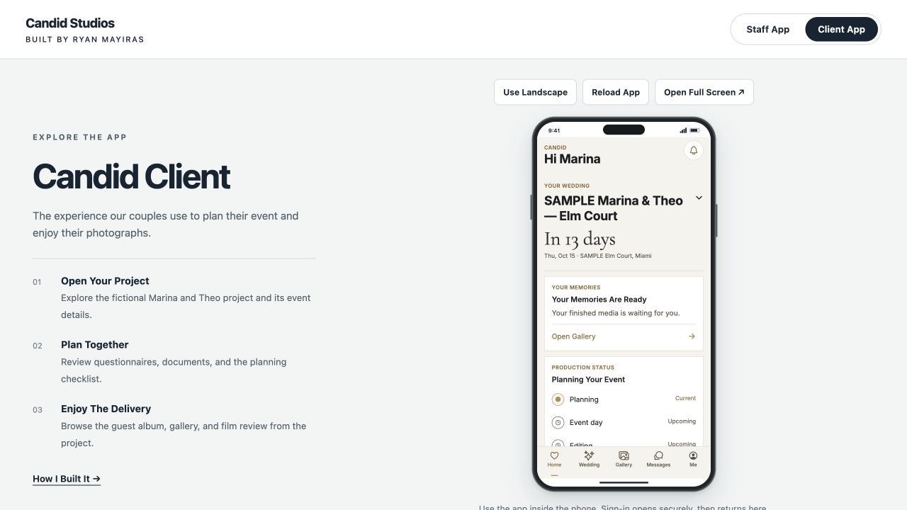 Candid Client browser phone view showing the fictional Marina and Theo project