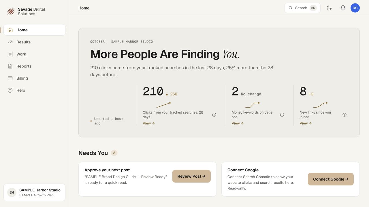 Savage client dashboard with clearly labeled sample search results and content approvals
